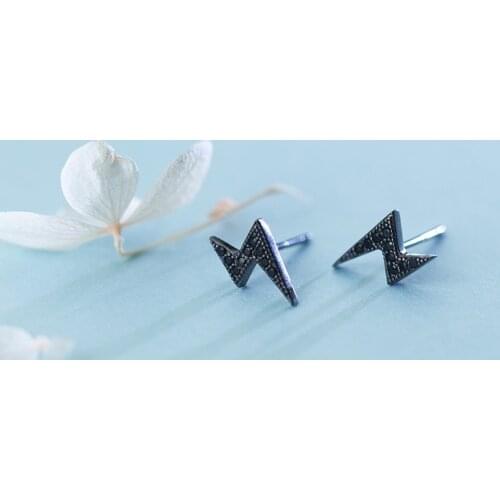 MloveAcc 100% 925 Sterling Silver Jewelry Punk Black Lightning Stud Earrings with CZ Gifts for Men Girls Lady Women