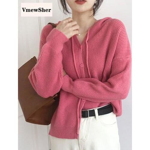 VmewSher New Casual Solid Knitted Hooded Cardigan Women Sweater Long Sleeve Autumn Single Breasted Female Drawstring Outwear Top