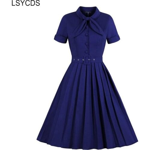 LSYCDS Elegant Women Dress Big Swing Bow Tie Neck Short Sleeve Party Dresses A Line Belted Retro Plus Size Midi Vintage Dresses