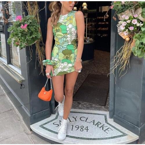Puloru Chic Green Floral Sleeveless Wrap Short Dress Women Summer Sleeveless Back Cut Out Mini Dress Party Fashion Mini A-Line