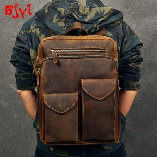 Durable Crazy Horse Leather Mens Backpack male large capacity laptop bag Travel Backpacks retro First Layer Leather School Bags