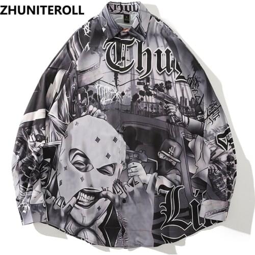 2021 Punk Rock Shirts Masked Man Print Vintage Shirt Hip Hop Blouse Harajuku Long Sleeve Fashion Button Autumn Streetwear Tops