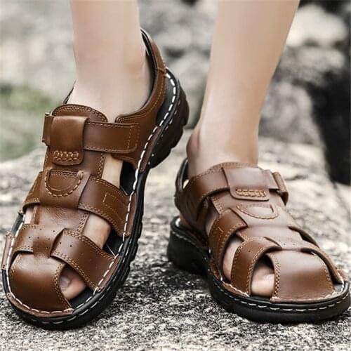 Fashion Comfortable Soft Roman Gladiator Genuine Leather Shallow Mouth Sandals Men Beathable Outdoor Hiking Summer Footwear