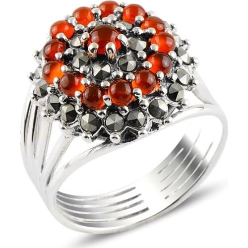 Silver 925 Sterling Agate & Marcasite Ring