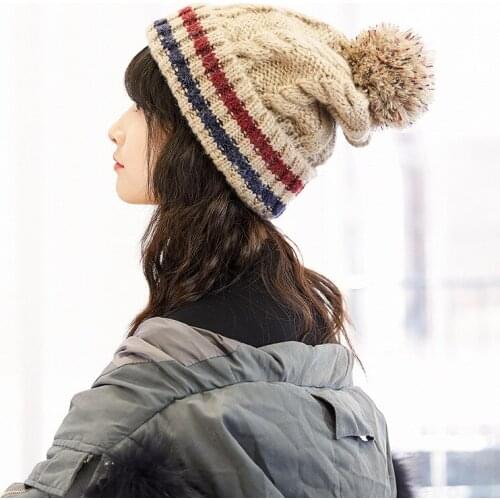 Beanies Female Casual Trendy Simple Knitted Striped Hat Elegant Korean Thicker Warm Caps Student Lovely Females Plus Velvet Hats