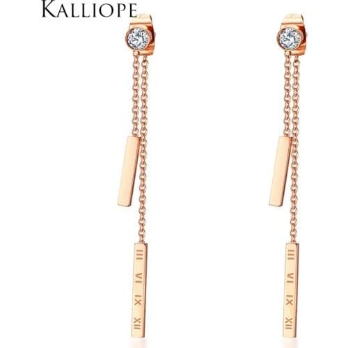 Temperament tassel earrings 5.2CM Stainless Steel Roman Digital Earrings Rose Gold-color Large prom accessories