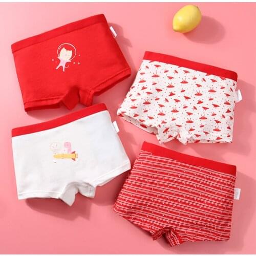 Girls Panties Kids Cotton Underwear Childrens Briefs Trellis Stripes Cute Cartoon Short Red 4Pcs/lot