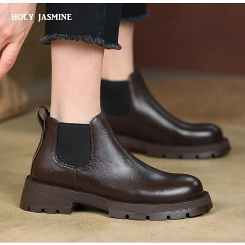 2021 Concise Women Ankle Boots Retro Office Lady Classic Genuine Leather Thick Heels Winter Splicing Shoes Woman Platform Boots