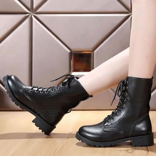 Women boots spring 2021 new lace up pu leather boots women black motorcycle boots increase comfortable shoes female