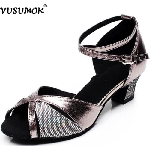 VUSUMOK Women Modern Latin Tango Dance Shoes Salsa Tap Ballroom Shoes Open Toe Square Lace Heels Plugs size33-43