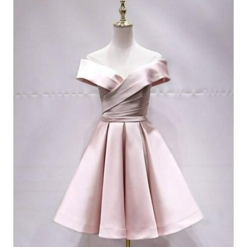 Short Red A-Line Satin Off Shoulder Evening Dresses with Pockets V-Neck Knee Length Corset Back Formal Party Gowns for Women