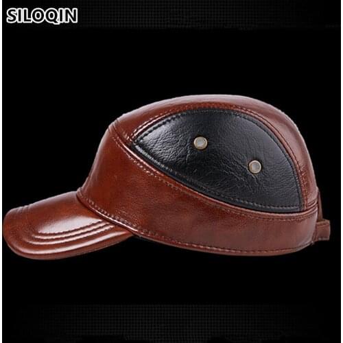 SILOQIN Winter Adult Mens Genuine Leather Hat Thick Warm Cowhide Baseball Caps With Earmuffs Resizable Size Brand Dads Hats
