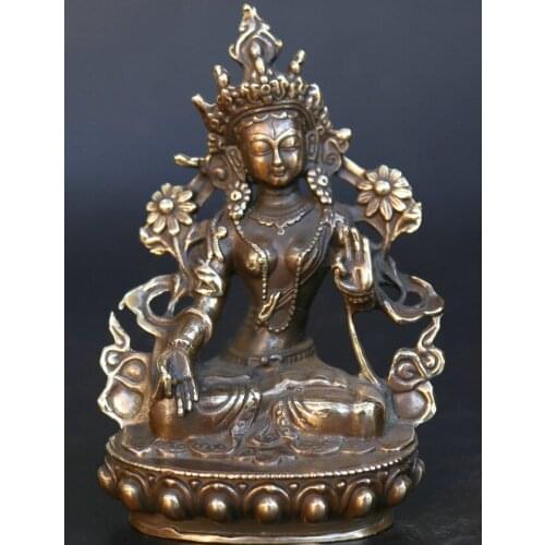 5.5" Collect Tibet Tibetan Buddhism Bronze Tara Sit Lotus Flower Wealth Statue
