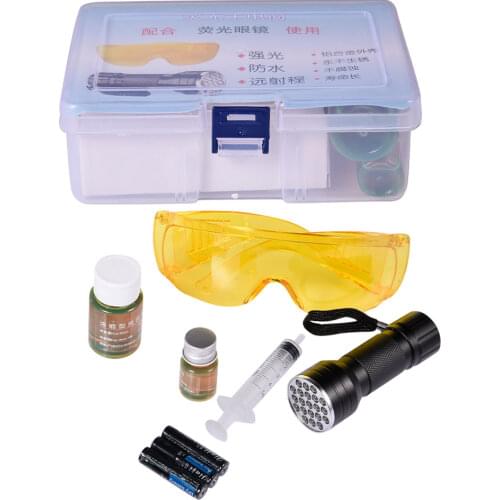 Car R134A R12 Air Conditioning A/C System Leak Test Detector Kit 28 LED UV Flashlight Protective Glasses UV Dye Tool Set