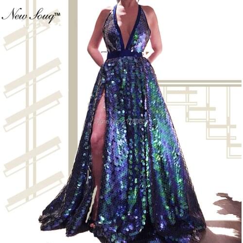 Sequin Evening Dress African Reflective Party Dress 2019 Hot Sexy High Split Side Long Prom Dresses Robe De Soiree Kaftan Gowns