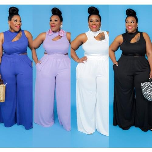ChocoMisty-LadyPlus Plus-size Sets Hollow-out Solid Color Sleeveless Crop Pants Set SC0321