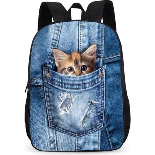 Cute 3D animal blue denim pocket cat kitten print boy and girl school bag elementary school backpack children creative backpack