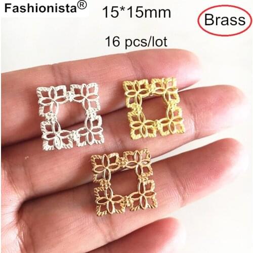 Fashionista NEW -16 pcs Brass Flower Filigree Square Shape Charms,15*15mm,Gold-color / Silver-color / Raw Brass,Double Sided