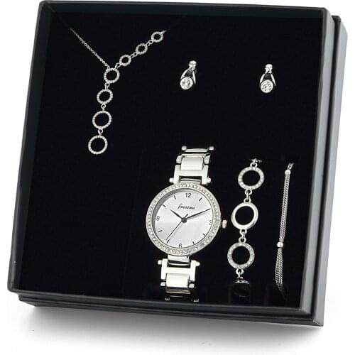 Forentina Gümüş Kaplama Yuvarlak Kolye Küpe Bileklik Saat Hediye Set PS1413