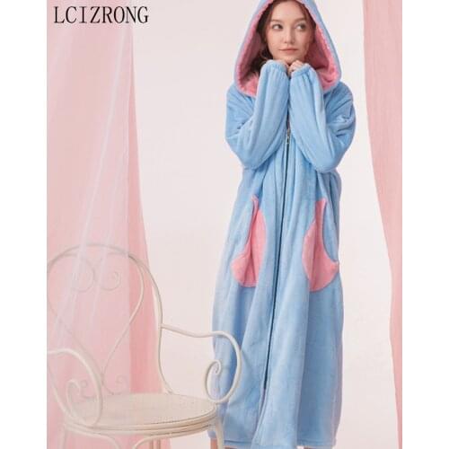 Winter Fashion Flannel Patchwork Color Women Long Bathrobes Loose Zipper Hooded Robes With Pocket Spring Dressing Gown Female