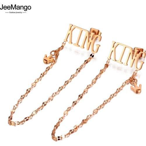 JeeMango 316L Stainless Steel King Crown Tassel Earrings Rose Gold Fashion Long Chain Bohemia Dangle Earrings For Women JE20184