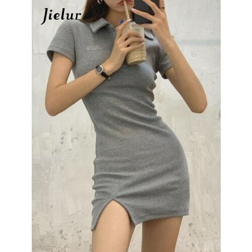 Jielur Summer Split Polo Collar Dresses for Women High Waist Short-sleeve Dress Female Solid Color Sport Dresses Grey White Pink