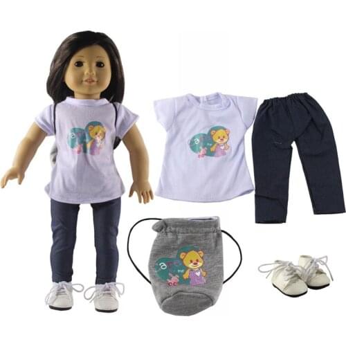 4in1 Set Doll Clothes Shirt+trousers+white shoes+gray bag Fashion Casual Wear Outfit for 18"American Doll