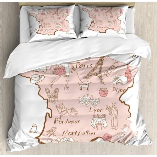 Eiffel Tower Duvet Cover Set Bordeaux Lyon Monaco Paris Dijon Typographic Map Design Decorative 3 Piece Bedding Set