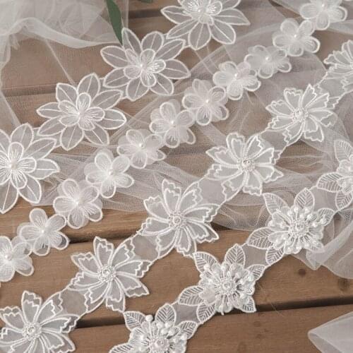Pearl beaded lace Trim flower lace fabric Applique Ribbon Embroidered 3D patches wedding Garment needlework sewing accessories