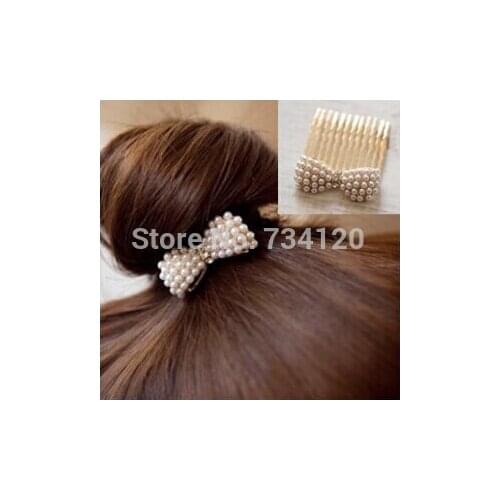 Hot Fashion imitation pearl Bow Hair Accessories gold color Plated Rhinestone Hairpin Hair Comb Korean Jewelry