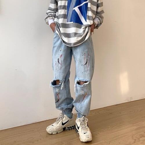 Fashion Mens Ripped Jeans Hip Hop Distressed Baggy Jeans Men Printed Ankletied Pants Jeans Denim Trousers graffiti jeans men