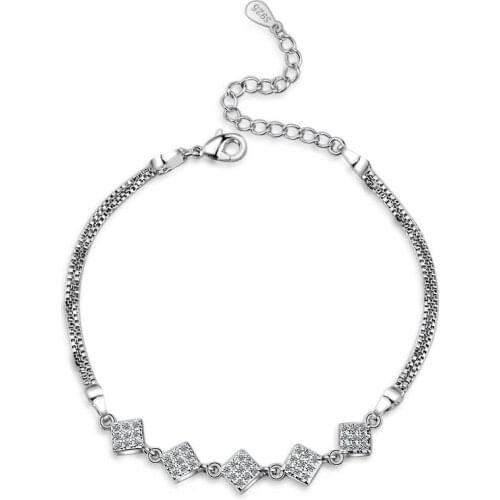 925 Sterling Silver Double Layer Crystal Square Bead Charm Bracelet &Bangle For Women Link Chain Wedding Jewelry sl074