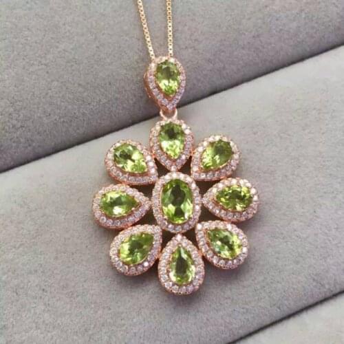 Natural red garnet gem pendant S925 silver Natural green peridot Pendant Necklace trendy Flower group women wedding fine jewelry