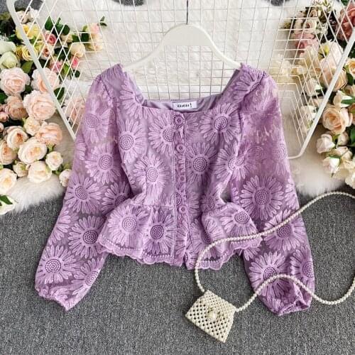 French Crochet Flower Embroidery Shirts Square Neck Long Sleeve Lace Floral Blouse High Waist Slim Casual Streetwear Short Tops