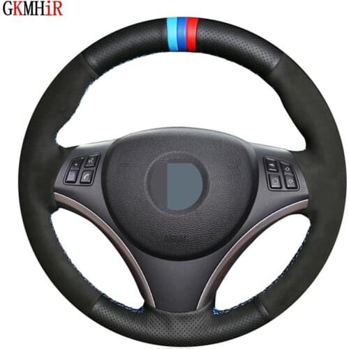 Hand-Stitched Soft Black Genuine Leather Black Suede Car Steering Wheel Cover For BMW E90 E91 E92 E93 E87 E81 E82 E88 X1 E84