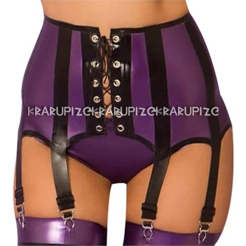 Pearl Purple And Black Sexy Mini Latex Skirts With Rubber Garters Lacing At Front Clips Bottoms JC-0004