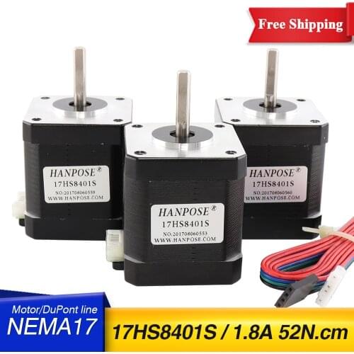 Free shipping 3PCS Nema17 Stepper Motor 4-lead 1.8A 52N.CM 17HS8401S 48mm for printer stepper motor and textile machinery