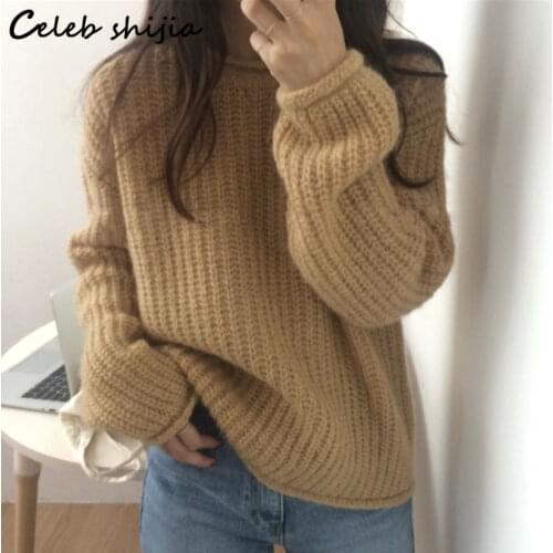 New Autumn Thick Sweater Woman Long Sleeve Yellow Chic Striped Knitted Jumper Female Harajuku Style Womens Winter Sweaters 2021