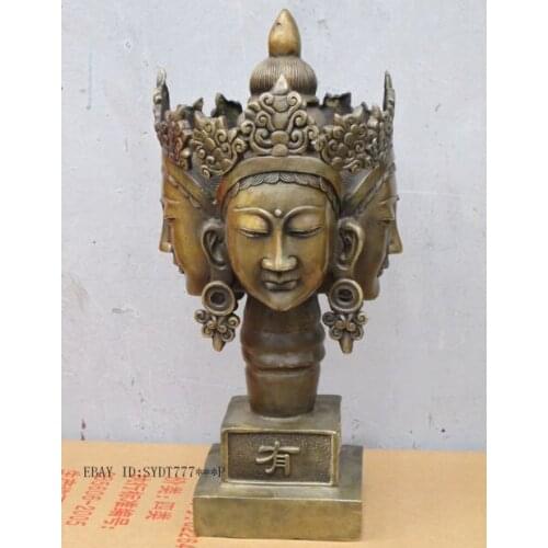 Tibet Bronze Four Faced Buddha Kwan yin Bodhisattva Head Seal god of wealth St Garden Decoration 100% real Brass Bronze