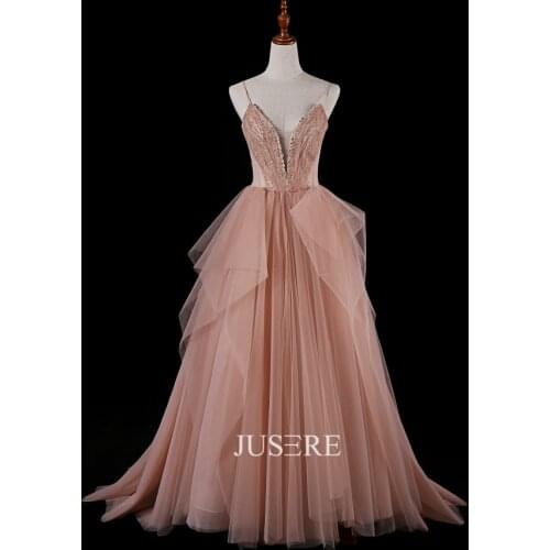 Jusere V-neck A-Line Spaghetti strap Evening Dress beading Lace Prom Dress with Sweep Train Party dress in Stock