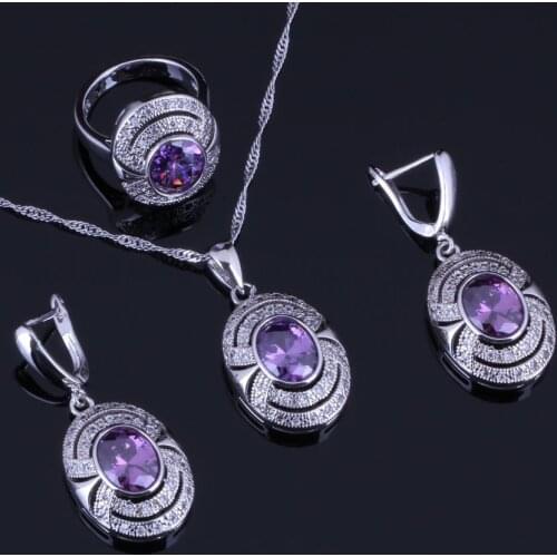 Gallant Oval Egg Purple Cubic Zirconia White CZ Silver Plated Jewelry Sets Earrings Pendant Chain Ring V0273