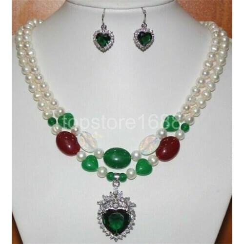 Pearl green jade agate necklace + heart zircon pendant earring set