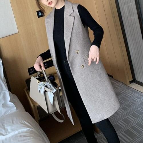 Ladies 2020 Autumn and Winter Clothing Korean Mid-length Vest Woolen Coat Suit Collar Sleeveless Womens Long Blazer Jacket Y272
