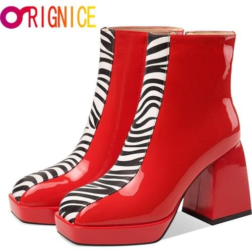 Orignice New Brand Women Ankle Boots 2021 Autumn Platform Thick High Heels Waterproof Genuine Leather Square Toe Casual Shoes