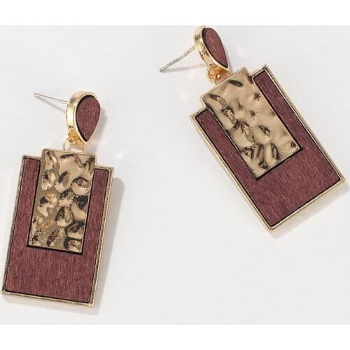 Mixed Hammered Metal Natural Wood Geometric Rectangle Drop Earrings for Women Modern Minimalist Style Casual Jewelry Wholesale