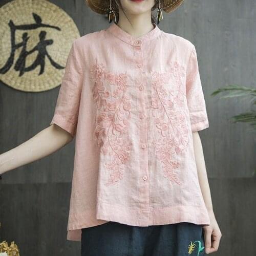 100% Cotton Embroidery Women Shirts Solid Loose Vintage Summer Short-Sleeved Female Outwear Coats Tops