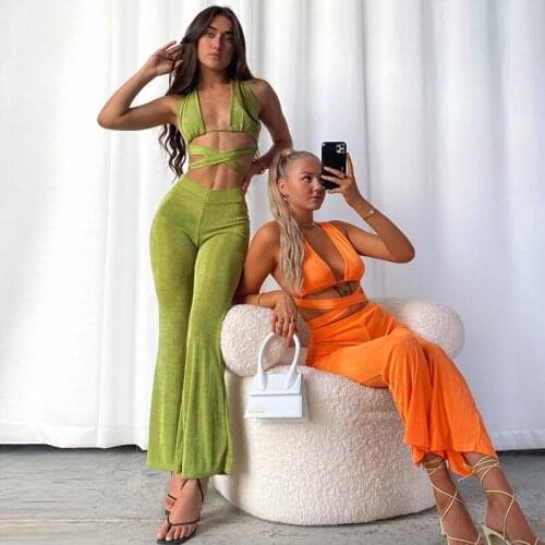 Women Sexy Two Piece Set Vintage Bandage Hollow Vest Tops Bra Fashion Casual Slim Long Trousers Flare Pants Summer Female Outfit