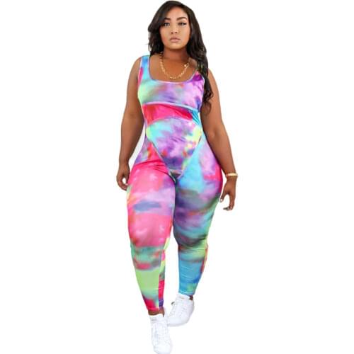 XL-5XL Women Clothing 2021 Summer Plus Size jumpsuit Sexy Sport Tie Dye Printing Sleeveless Long Rompers wholesale Dropshipping