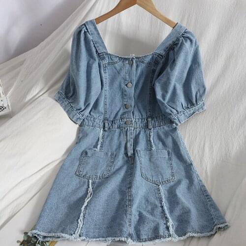 2021 Summer Womens Vintage Dress Square Neck Single Breasted High Waist Denim Dresses Female Puff Sleeve Vestidos
