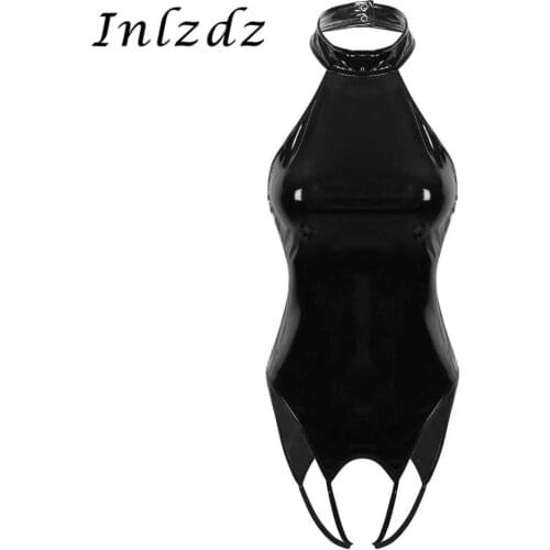Womens Lingerie Latex Crotchless Bodysuit Wet Look Leather Halter Neck Open Crotch High Cut Sexy Thong Leotard Teddy Bodysuit